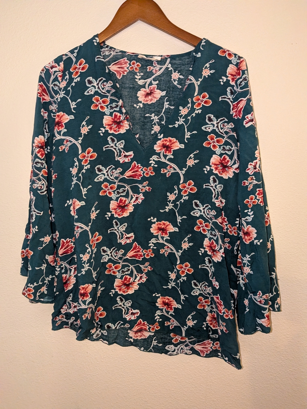 The Hanger Teal Floral V-Neck Tunic with Pink Flowers And Bell Sleeves